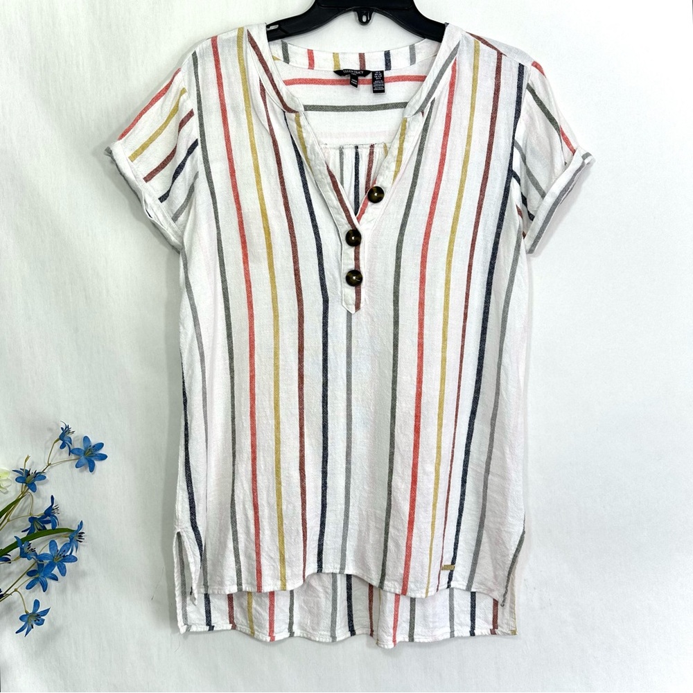Ellen Tracy Women’s White Striped Linen Blend Short Sleeve Top - Sz Small